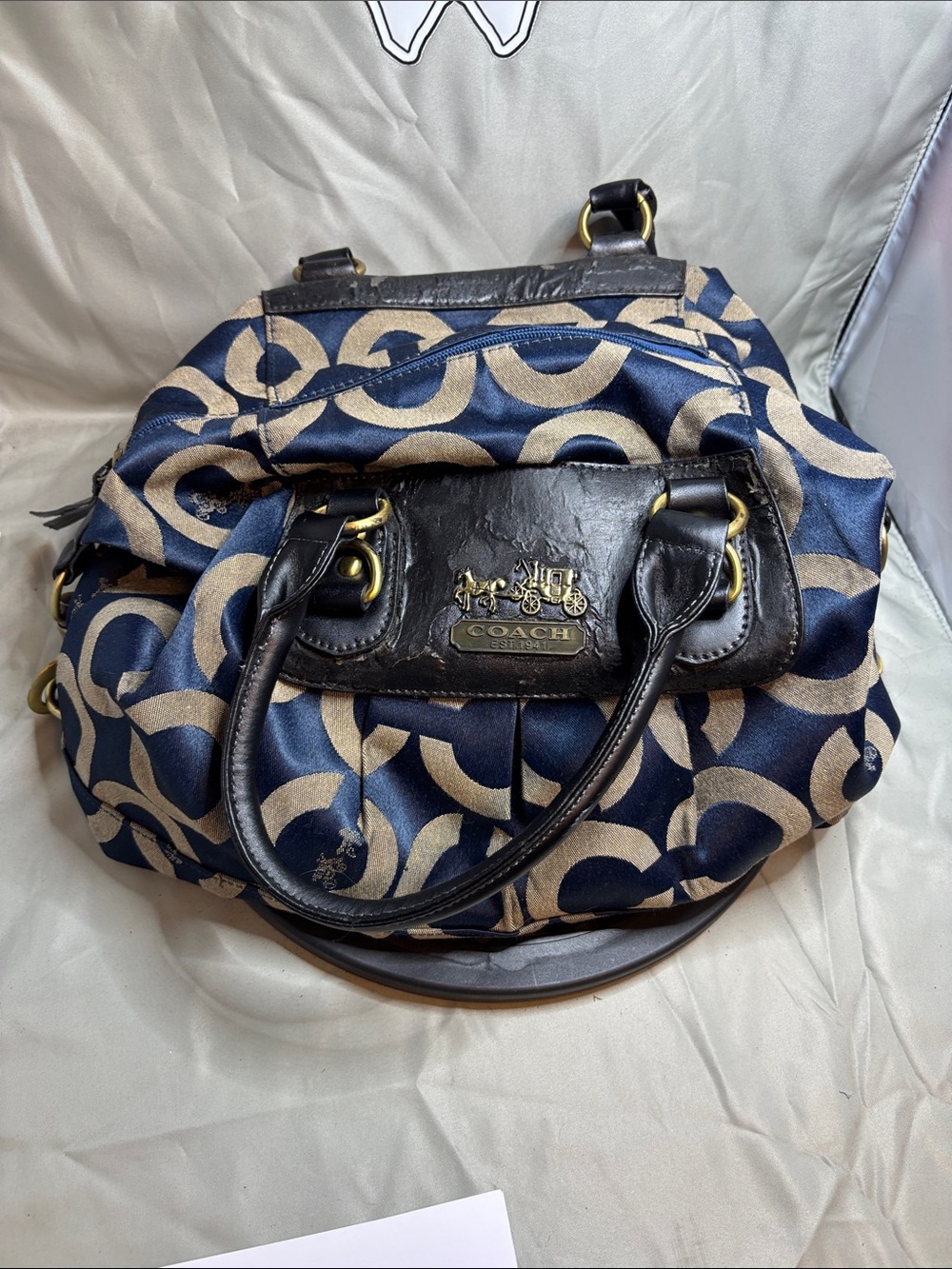 Coach Navy and Beige Signature Canvas Satchel with Black Leather Trim